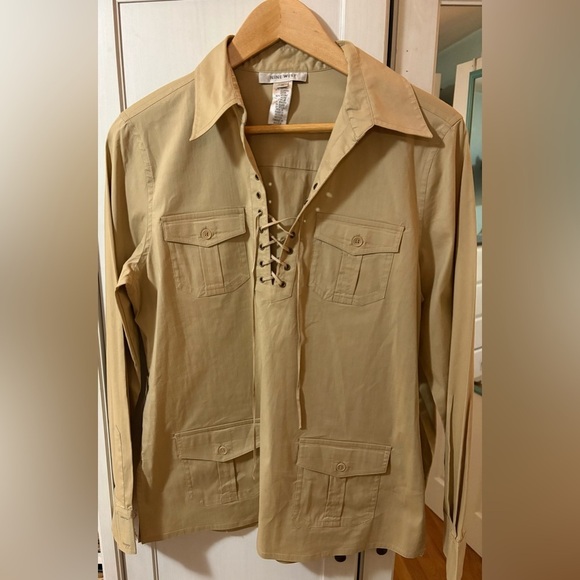 Y2K Vintage Y2K Utility Cargo Beige Lace-Up Safari Shirt Nine West Medium - Picture 4 of 6